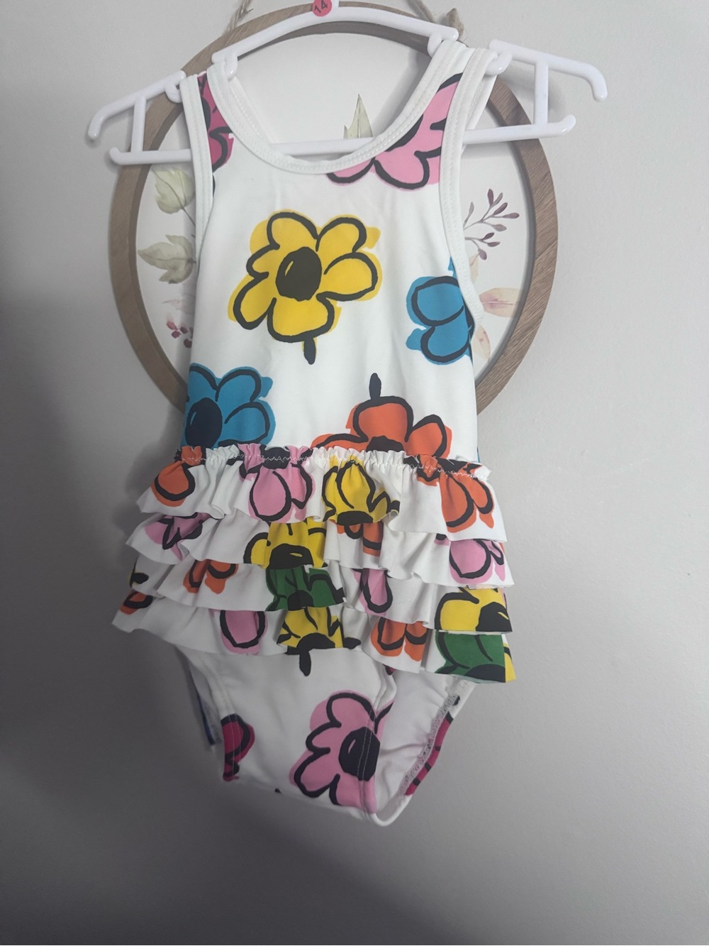 Hanna Andersson White Ruffle One-Piece Swimsuit with Colorful Floral Print 6-12